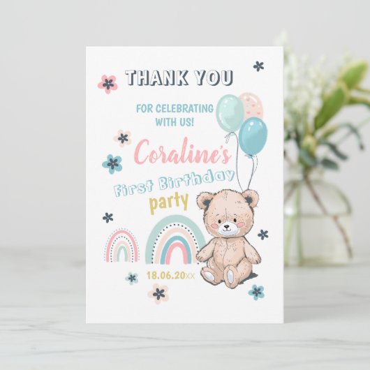 Flat Dank u kaarten voor 1e verjaardag. (Staand voorkant)