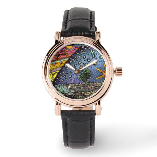 Flat Earth Flammarion houtsnede vierkant lederen h Horloge (Voorkant)