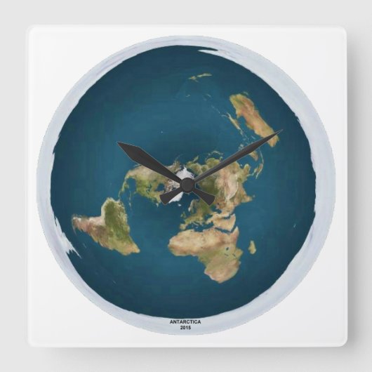 Flat Earth Square Wall Clock Vierkante Klok (Voorkant)