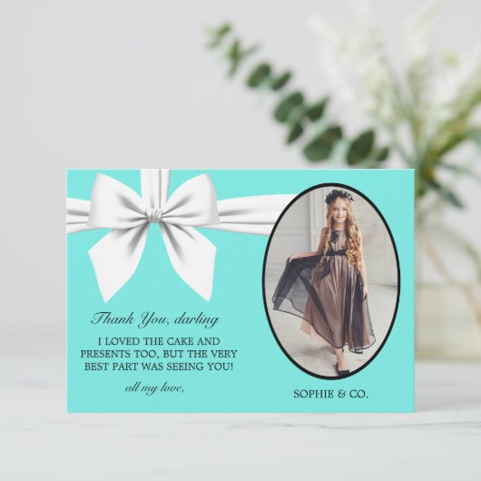 Flat Elegant Aqua Tiffany White Bow Dank u kaart (Staand voorkant)