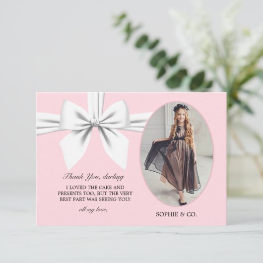 Flat Elegant Roze Tiffany Witte Bow Dank u kaart (Staand voorkant)