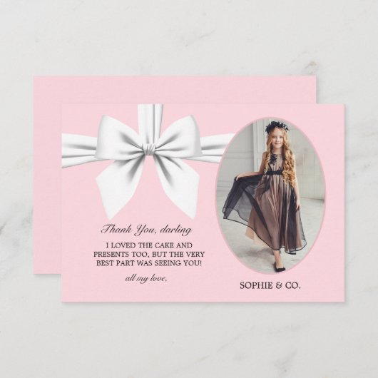 Flat Elegant Roze Tiffany Witte Bow Dank u kaart (Voorkant / Achterkant)