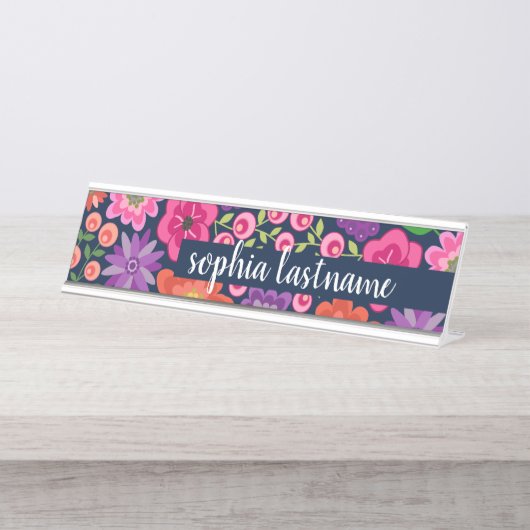 Flat Floral Pattern Handwriter Handschreven Handte Bureau Naambordje (Voorkant)