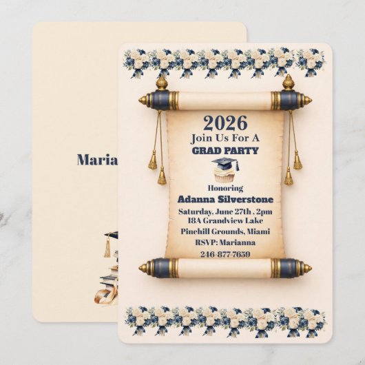 Flat Holiday Card- Editable Scroll Grad Invitation Feestdagenkaart (Voorkant / Achterkant)