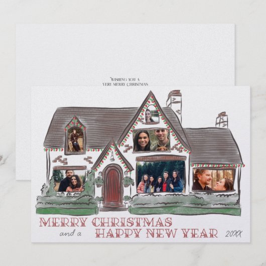 Flat Holiday Christmas House Familie Kaart (Voorkant / Achterkant)