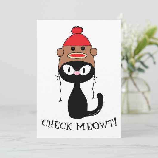 Flat Kaart Check Meowt Black Cat met Sock Monkey P (Staand voorkant)