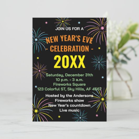 Flat Kleurrijke Oudejaarsavond Uitnodiging (Staand voorkant)