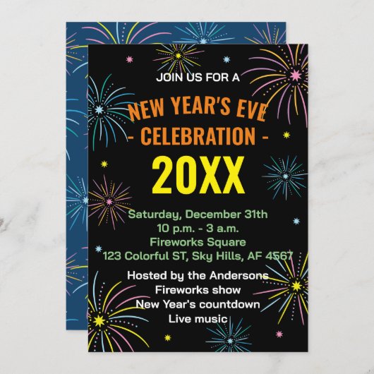 Flat Kleurrijke Oudejaarsavond Uitnodiging (Voorkant / Achterkant)