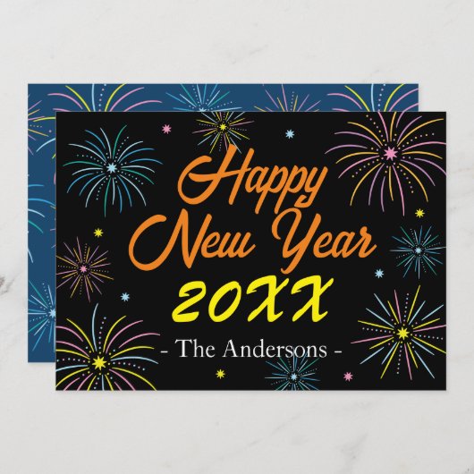 Flat kleurrijke oudejaarsfeest feestdagenkaart (Voorkant / Achterkant)