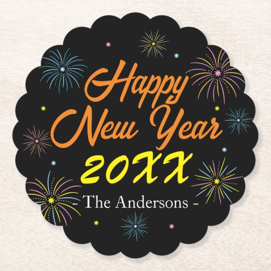 Flat Kleurrijke Oudejaarsfeest - Zwart Kartonnen Onderzetters (Voorkant)