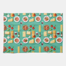 Flat lay pattern of Italian food including wine Theedoek
