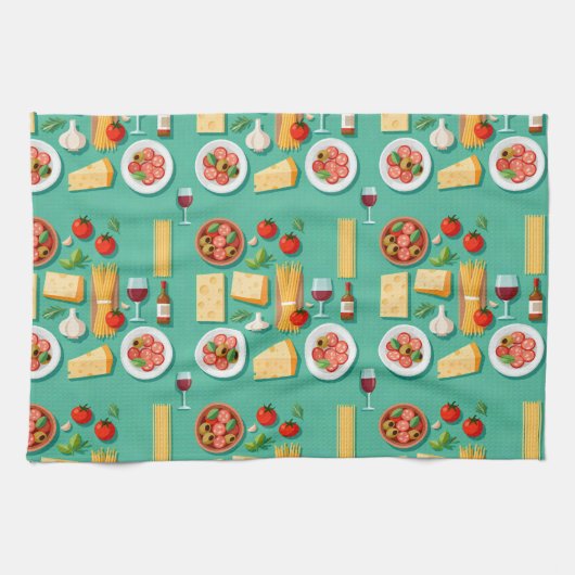 Flat lay pattern of Italian food including wine Theedoek (Horizontaal)