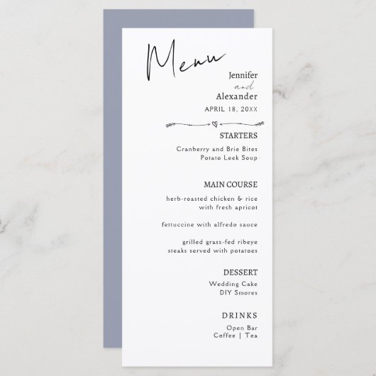 Flat Menu bruiloft Minimalistisch modern. (Voorkant / Achterkant)