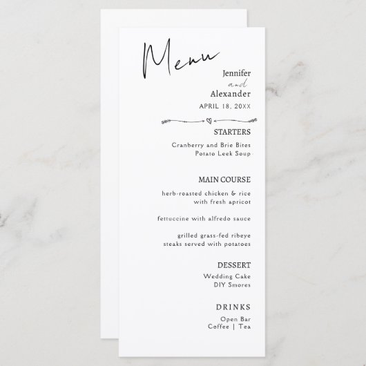 Flat Menu bruiloft Minimalistische moderne kalligr (Voorkant / Achterkant)
