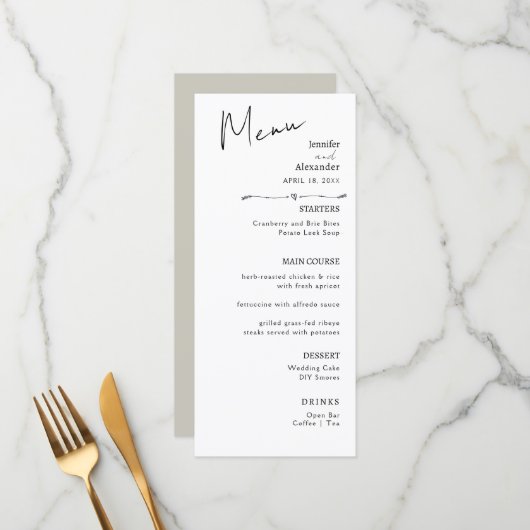 Flat Menu Minimalistische moderne kalligrafie, bru (Voorkant / Achterkant in situ)