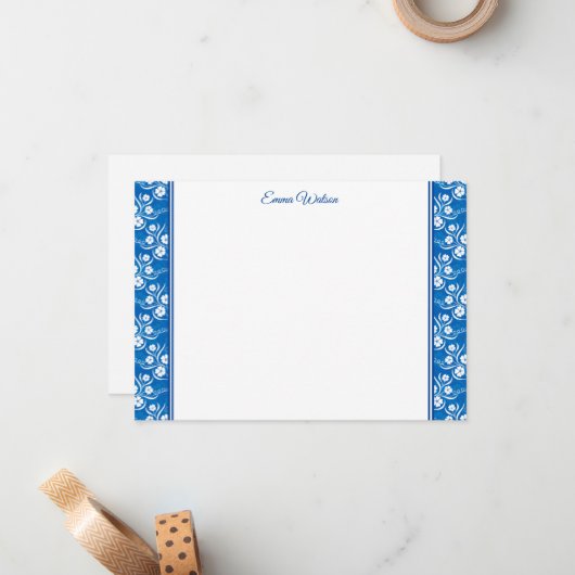 Flat Note Card-Blue Floral Notitiekaartje (Voorkant / Achterkant in situ)