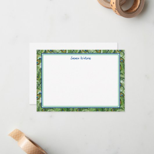 Flat Note Card-Peacock Feathers Notitiekaartje (Voorkant / Achterkant in situ)