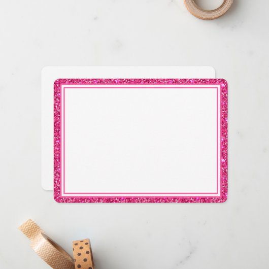 Flat Note Kaart-roze Glitter Border Notitiekaartje (Voorkant / Achterkant in situ)