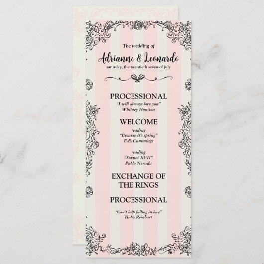 Flat Paris Chic Roze Strepen Wedding Programmakaart (Voorkant / Achterkant)