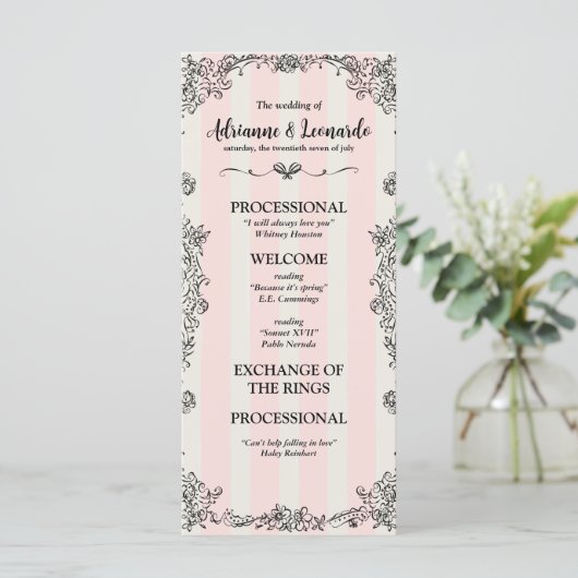 Flat Paris Chic  Roze Strepen Wedding Programmakaart (Staand voorkant)