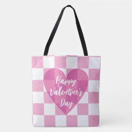 Flat Pink Checkered Heart Happy Valentijnsdag Tote Bag