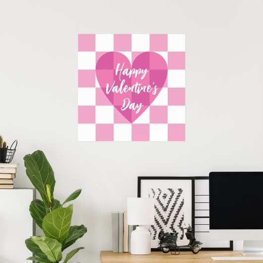 Flat Pink Heart Check Happy Valentine's Day Poster (Thuiskantoor)