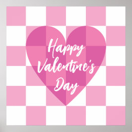 Flat Pink Heart Check Happy Valentine's Day Poster