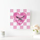 Flat Pink Heart Check Happy Valentine's Day Vierkante Klok (Huis)