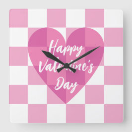 Flat Pink Heart Check Happy Valentine's Day Vierkante Klok