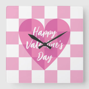 Flat Pink Heart Check Happy Valentine's Day Vierkante Klok