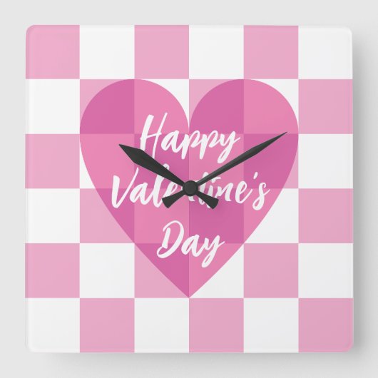 Flat Pink Heart Check Happy Valentine's Day Vierkante Klok (Voorkant)