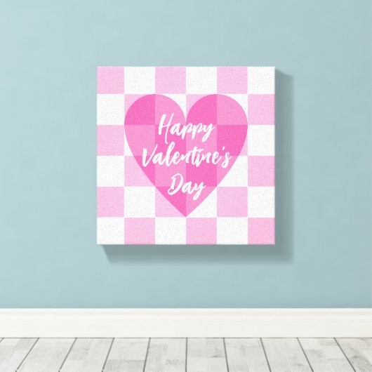 Flat Pink Heart Checkered Happy Valentine's Day Canvas Afdruk (Insitu (Houten vloer))