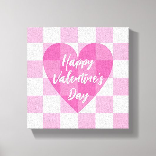 Flat Pink Heart Checkered Happy Valentine's Day Canvas Afdruk (Voorkant)