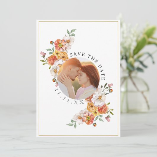 Flat Save The Date Kaart Aangepaste foto floral (Staand voorkant)