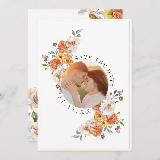 Flat Save The Date Kaart Aangepaste foto floral (Voorkant / Achterkant)