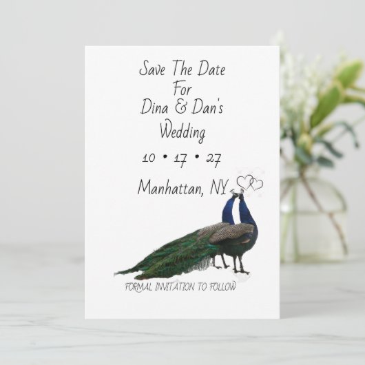 Flat Save The Date Kaart met Pauw Paar (Staand voorkant)