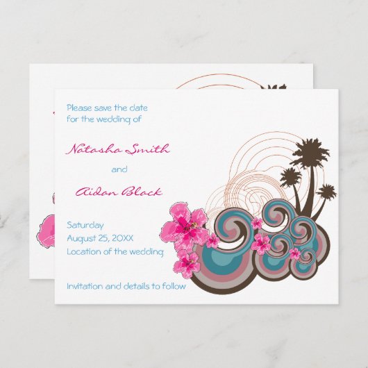 Flatatin Tropische Golven Hibiscus Save The Date Aankondigingskaart (Voorkant / Achterkant)