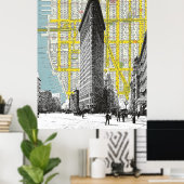 Flatiron Building  landmark NYC Map backgr Poster (Thuiskantoor)