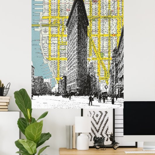 Flatiron Building  landmark NYC Map backgr Poster (Thuiskantoor)