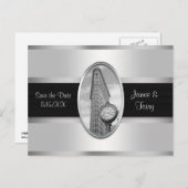 Flatiron Building White Silver BW Save the Date Aankondigingskaart (Voorkant / Achterkant)