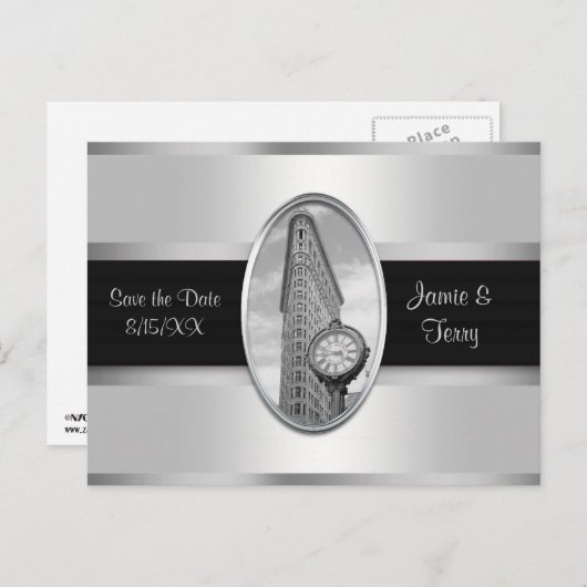 Flatiron Building White Silver BW Save the Date Aankondigingskaart (Voorkant / Achterkant)