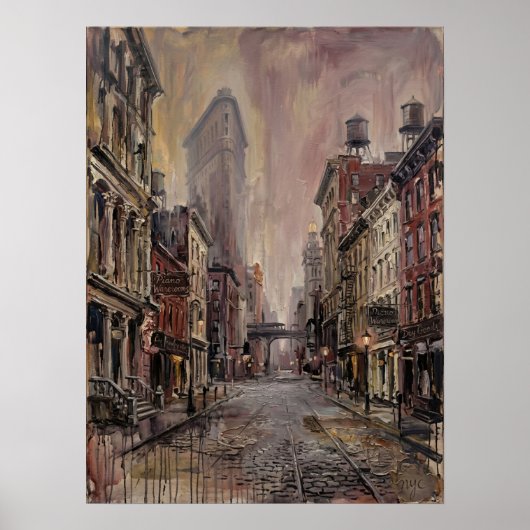 Flatiron District Straat Met Kasseien Sporen Poster (Voorkant)
