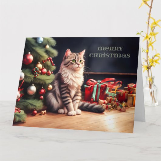 Flauschige Katze mit Weihnachtsbaum Kaart (Gele Bloem)