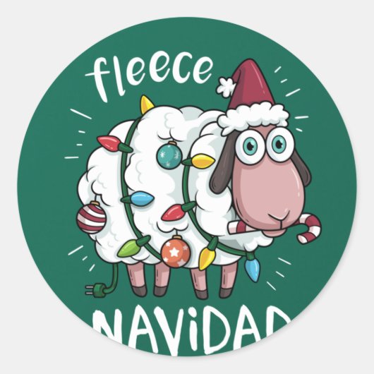 Fleece Feliz Navidad Funny Cute Sheep Christmas Ronde Sticker (Voorkant)