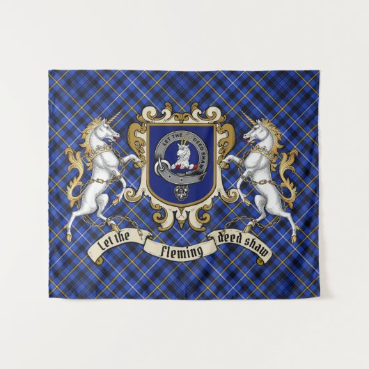 Fleming Clan Badge & Unicorns w/Tartan Wandkleed (Voorkant (horizontaal))