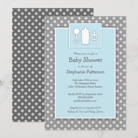 Fles Binky Rattle Baby shower Blue & Grey Kaart (Voorkant / Achterkant)