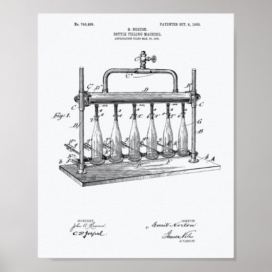 Fles Filling Machine 1903 Patent Art White Paper Poster (Voorkant)
