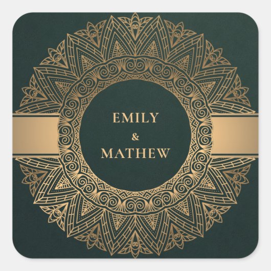 FLES GREEN GOLD CLASSIC MANDALA WEDING VIERKANTE STICKER (Voorkant)