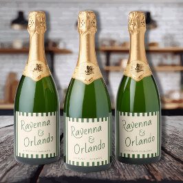 Fles Groen Strepen Retro Minimalistische Trouwdag Sparkling Wijnetiket