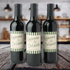 Fles Groen Strepen Retro Minimalistische Trouwdag Wijn Etiket